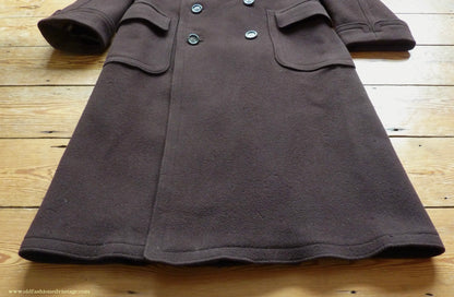 Vintage Mens 1940s German Double Breasted Overcoat Coat Brown Wool Back Belt 40" Long