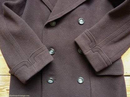 Vintage Mens 1940s German Double Breasted Overcoat Coat Brown Wool Back Belt 40" Long