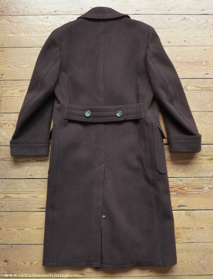 Vintage Mens 1940s German Double Breasted Overcoat Coat Brown Wool Back Belt 40" Long