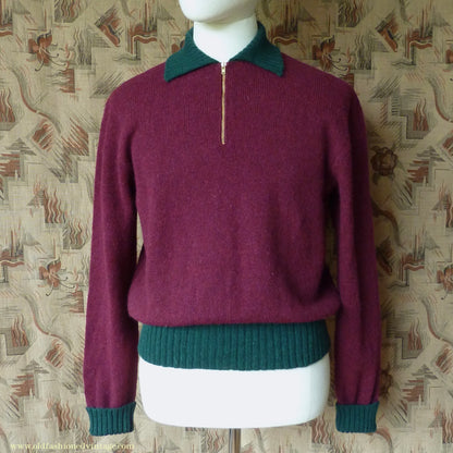 Old Fashioned Garments Vintage Reproduction 1940s Mens Zip Neck Jumper Two Tone Wine Red Green Polo Collar Sweater Lumberjacket L