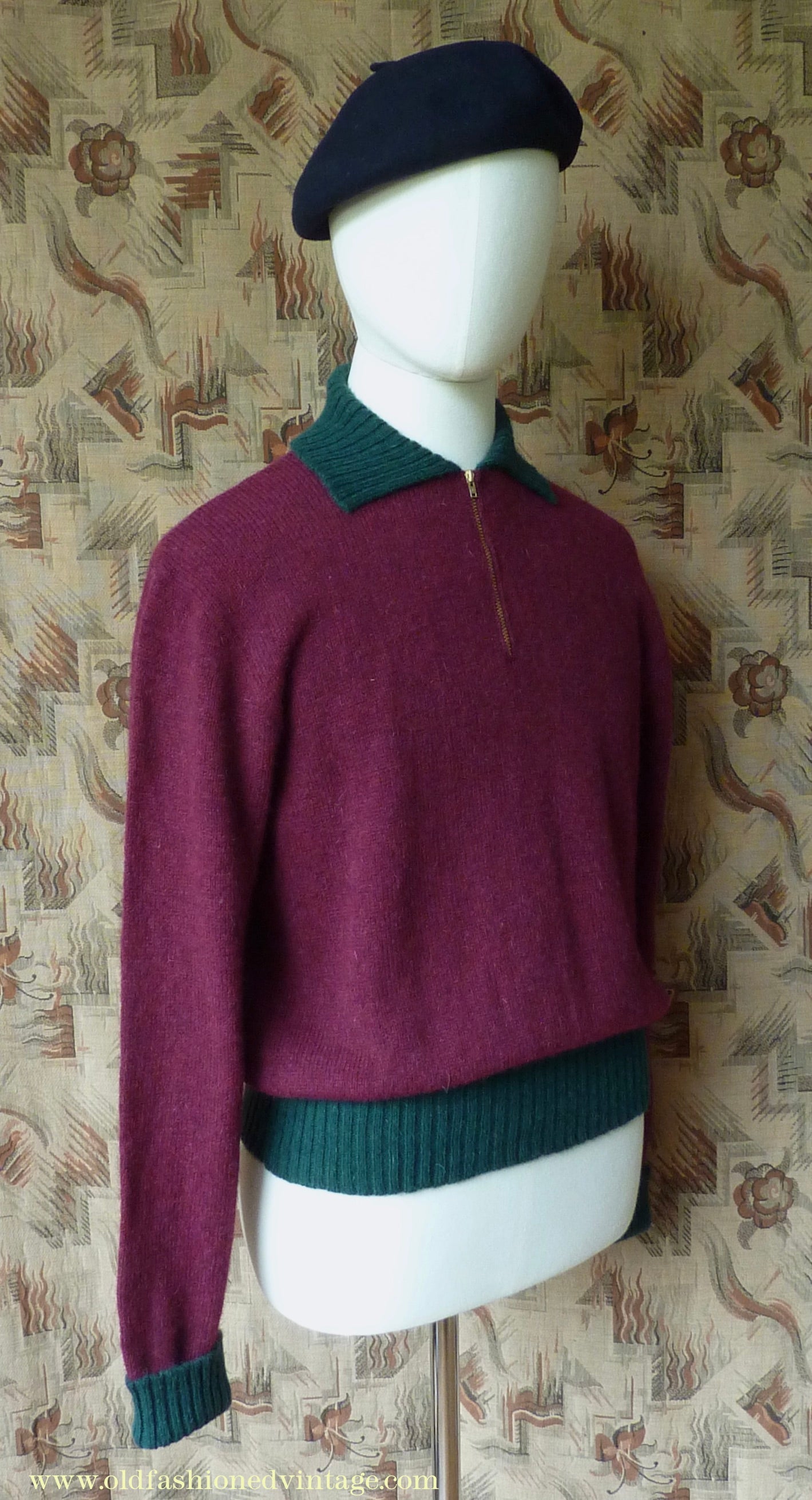 Old Fashioned Garments Vintage Reproduction 1940s Mens Zip Neck Jumper Two Tone Wine Red Green Polo Collar Sweater Lumberjacket L