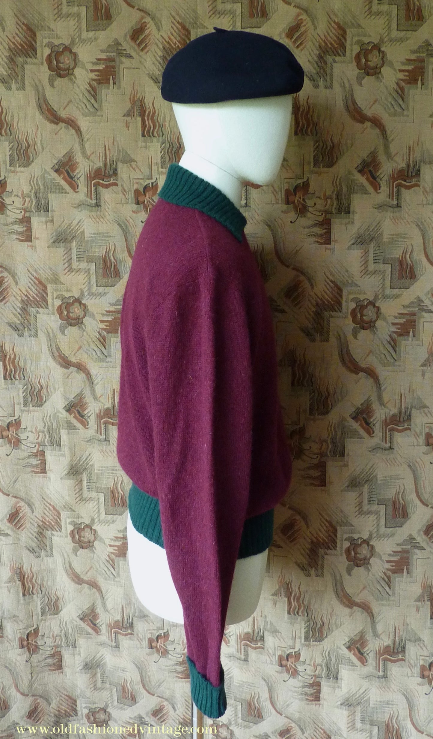 Old Fashioned Garments Vintage Reproduction 1940s Mens Zip Neck Jumper Two Tone Wine Red Green Polo Collar Sweater Lumberjacket L