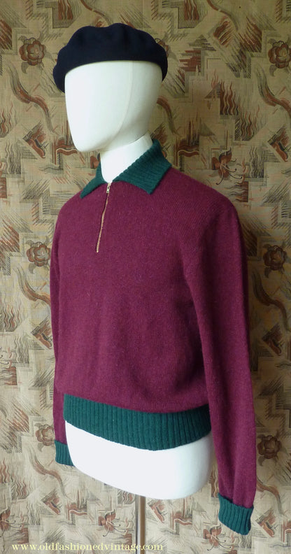 Old Fashioned Garments Vintage Reproduction 1940s Mens Zip Neck Jumper Two Tone Wine Red Green Polo Collar Sweater Lumberjacket L