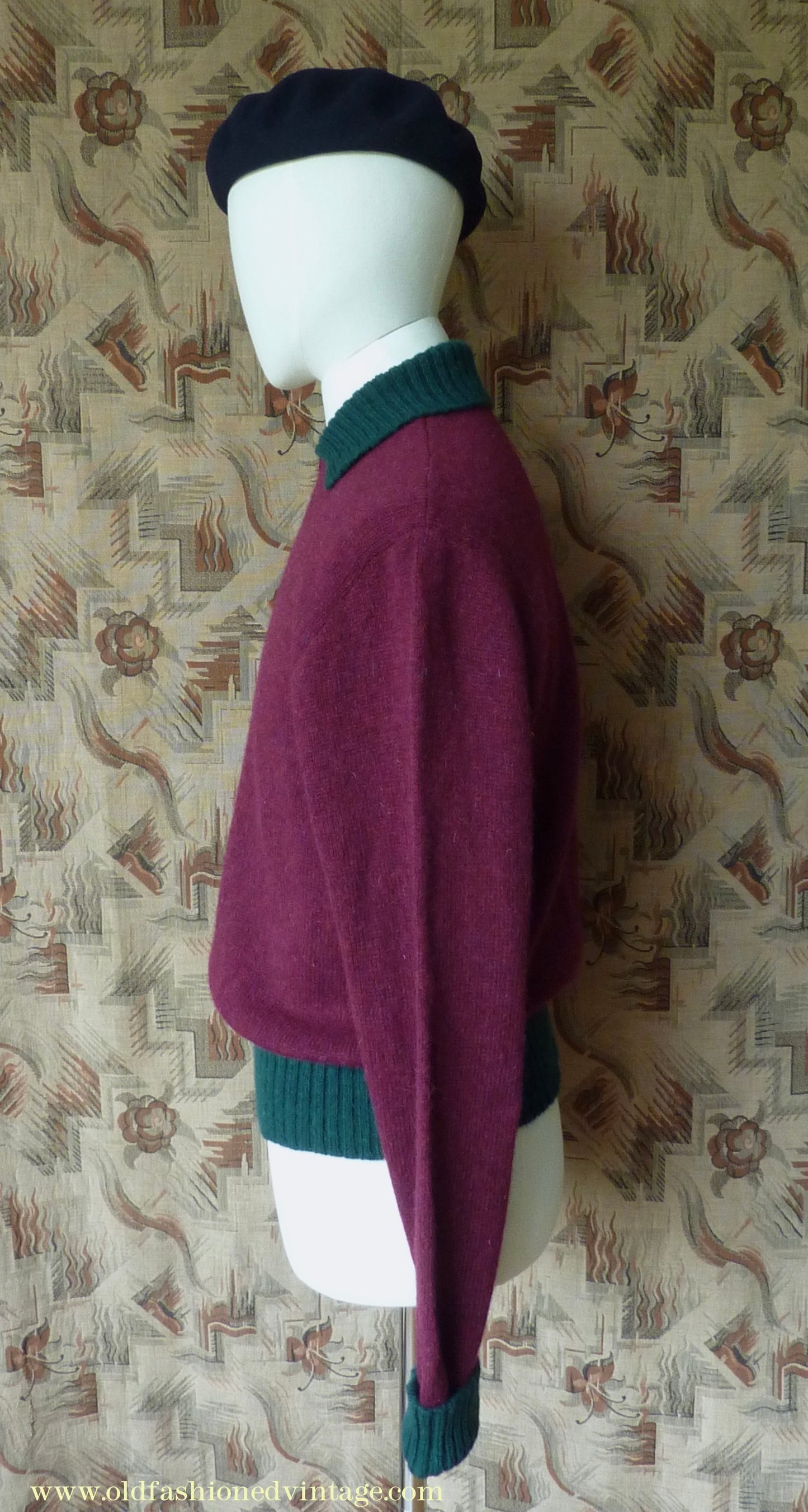 Old Fashioned Garments Vintage Reproduction 1940s Mens Zip Neck Jumper Two Tone Wine Red Green Polo Collar Sweater Lumberjacket L