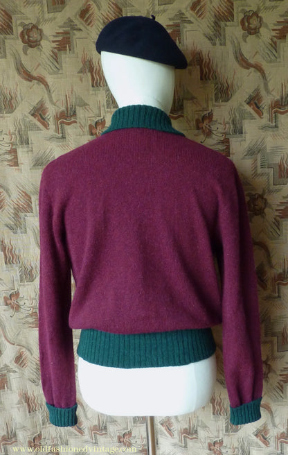 Old Fashioned Garments Vintage Reproduction 1940s Mens Zip Neck Jumper Two Tone Wine Red Green Polo Collar Sweater Lumberjacket L