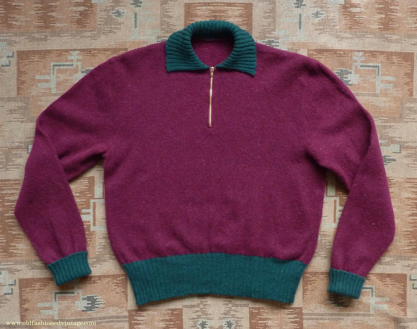 Old Fashioned Garments Vintage Reproduction 1940s Mens Zip Neck Jumper Two Tone Wine Red Green Polo Collar Sweater Lumberjacket L
