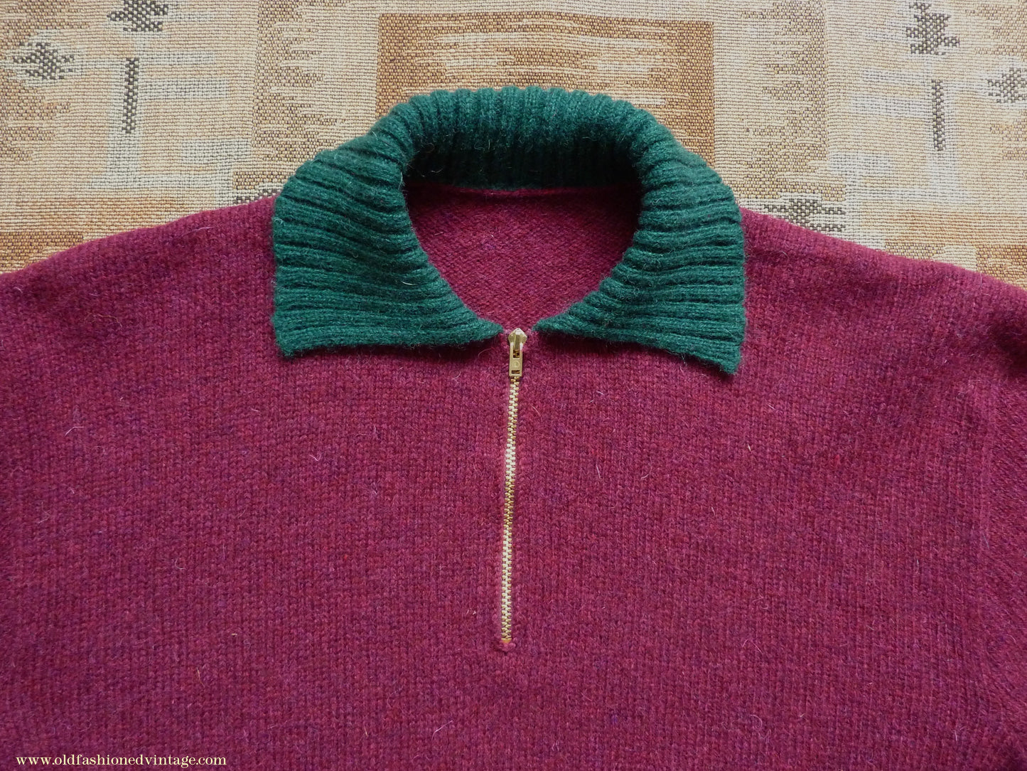 Old Fashioned Garments Vintage Reproduction 1940s Mens Zip Neck Jumper Two Tone Wine Red Green Polo Collar Sweater Lumberjacket L