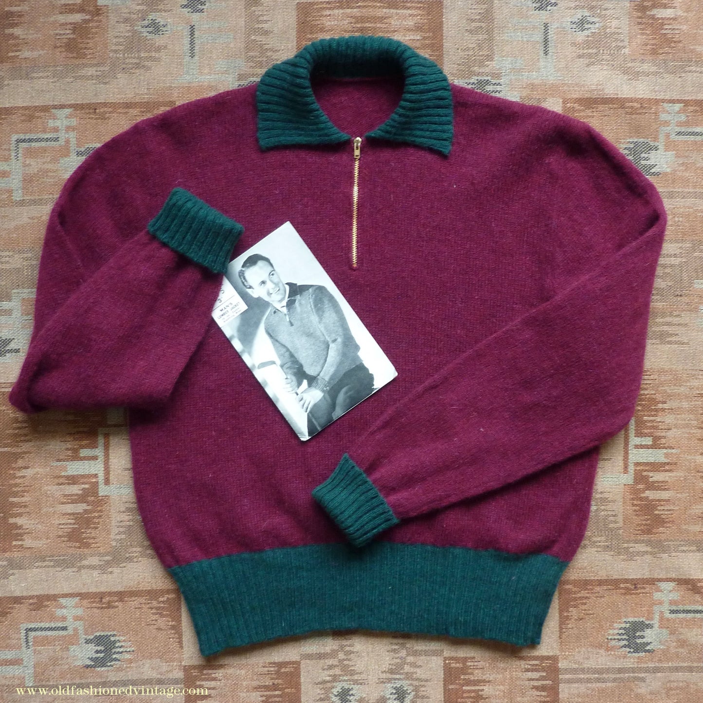 Old Fashioned Garments Vintage Reproduction 1940s Mens Zip Neck Jumper Two Tone Wine Red Green Polo Collar Sweater Lumberjacket L