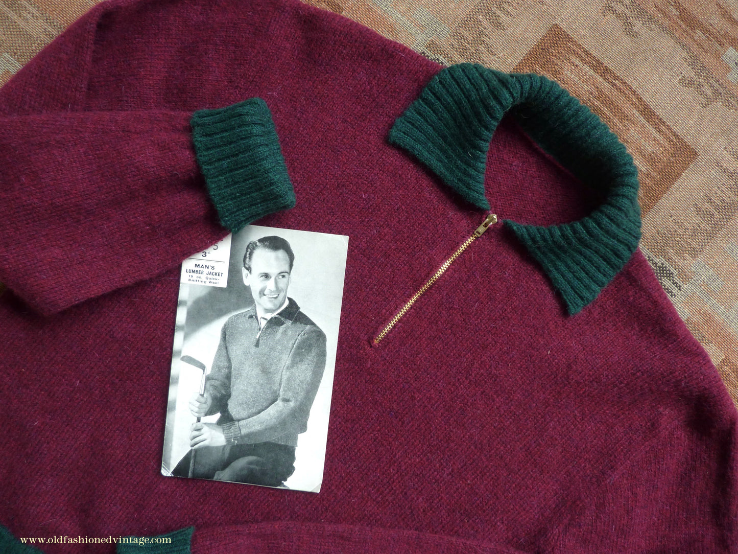 Old Fashioned Garments Vintage Reproduction 1940s Mens Zip Neck Jumper Two Tone Wine Red Green Polo Collar Sweater Lumberjacket L