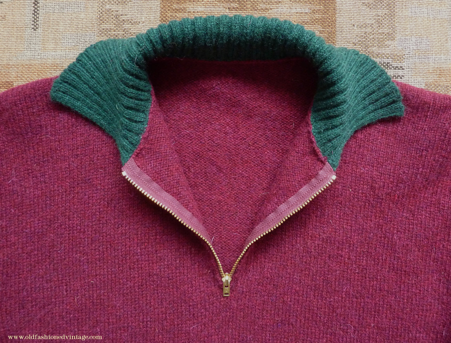 Old Fashioned Garments Vintage Reproduction 1940s Mens Zip Neck Jumper Two Tone Wine Red Green Polo Collar Sweater Lumberjacket L