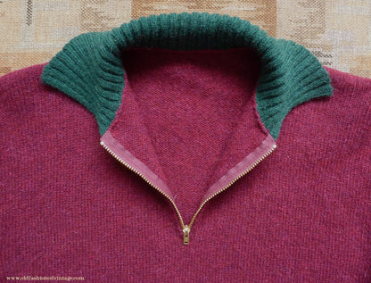 Old Fashioned Garments Vintage Reproduction 1940s Mens Zip Neck Jumper Two Tone Wine Red Green Polo Collar Sweater Lumberjacket L