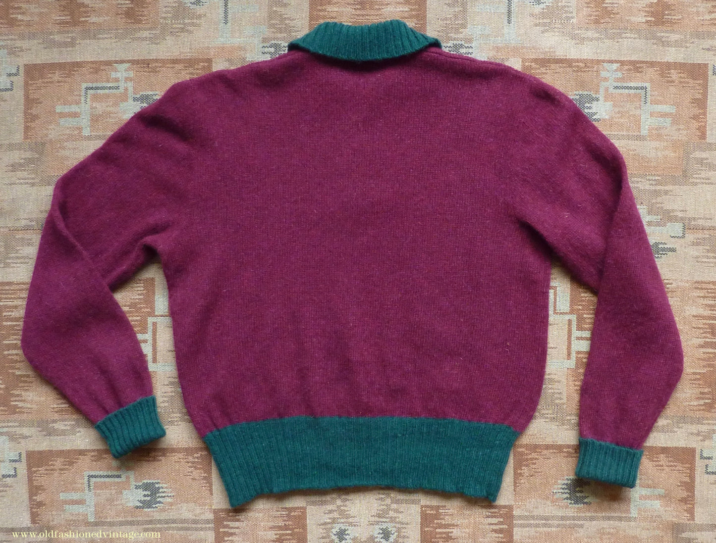 Old Fashioned Garments Vintage Reproduction 1940s Mens Zip Neck Jumper Two Tone Wine Red Green Polo Collar Sweater Lumberjacket L