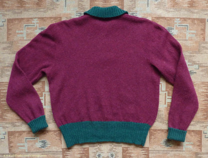 Old Fashioned Garments Vintage Reproduction 1940s Mens Zip Neck Jumper Two Tone Wine Red Green Polo Collar Sweater Lumberjacket L