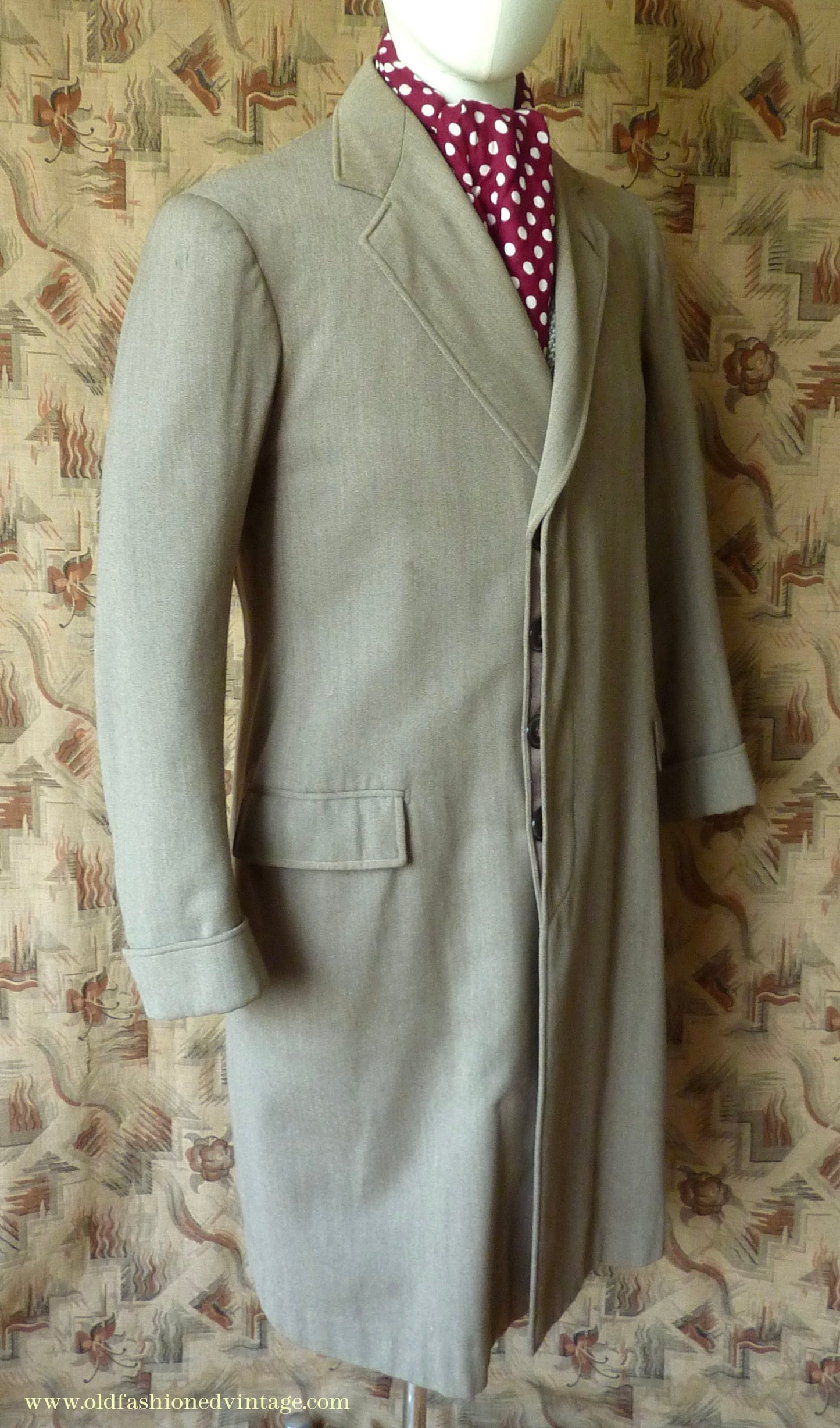 Vintage Mens 1950s Bespoke 1951 London Tailored Single Breasted Overcoat Top Coat Fawn Wool 38"