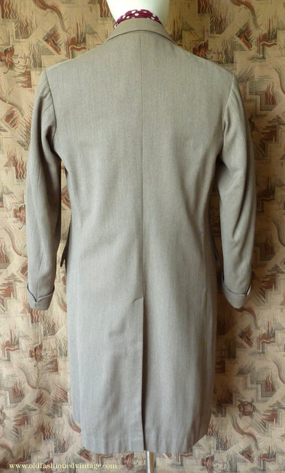 Vintage Mens 1950s Bespoke 1951 London Tailored Single Breasted Overcoat Top Coat Fawn Wool 38"