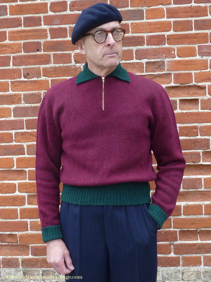 Old Fashioned Garments Vintage Reproduction 1940s Mens Zip Neck Jumper Two Tone Wine Red Green Polo Collar Sweater Lumberjacket L