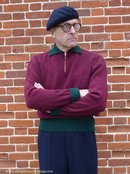 Old Fashioned Garments Vintage Reproduction 1940s Mens Zip Neck Jumper Two Tone Wine Red Green Polo Collar Sweater Lumberjacket L