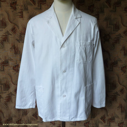 Vintage Mens 1950s NOS French Back Belted Work Jacket White Cotton Drill Workwear Coat 38" 40"