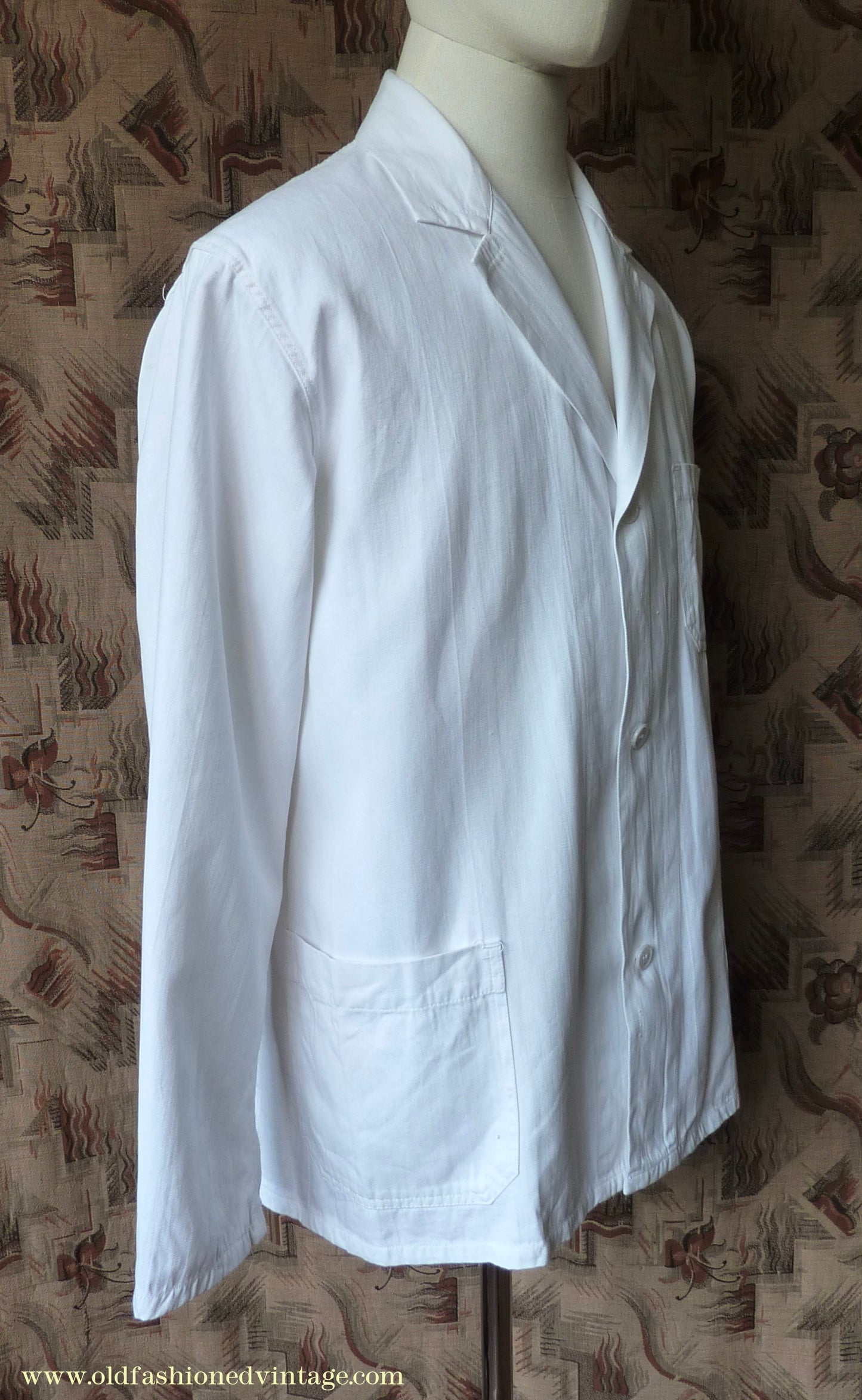 Vintage Mens 1950s NOS French Back Belted Work Jacket White Cotton Drill Workwear Coat 38" 40"