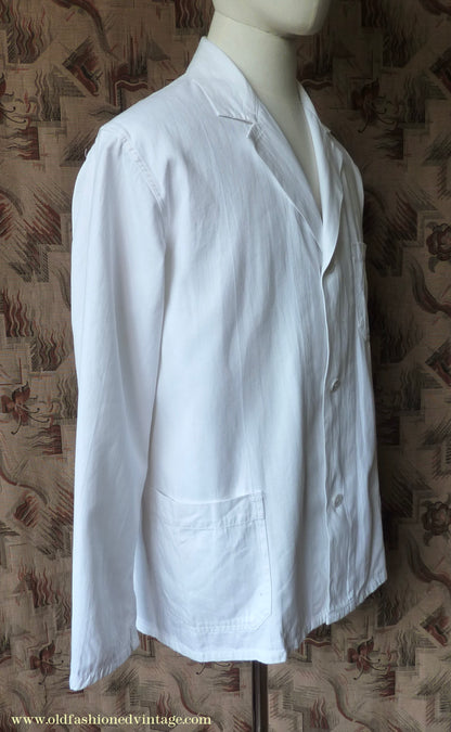 Vintage Mens 1950s NOS French Back Belted Work Jacket White Cotton Drill Workwear Coat 38" 40"