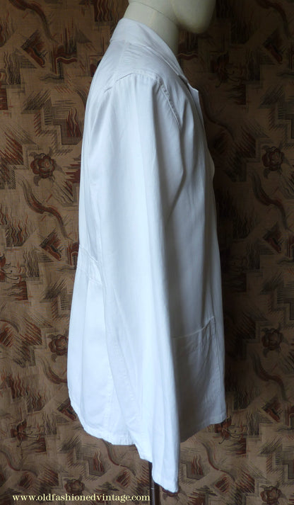 Vintage Mens 1950s NOS French Back Belted Work Jacket White Cotton Drill Workwear Coat 38" 40"