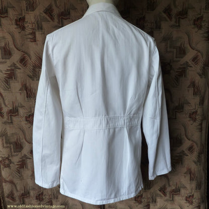 Vintage Mens 1950s NOS French Back Belted Work Jacket White Cotton Drill Workwear Coat 38" 40"