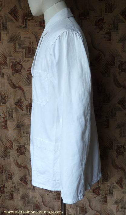 Vintage Mens 1950s NOS French Back Belted Work Jacket White Cotton Drill Workwear Coat 38" 40"