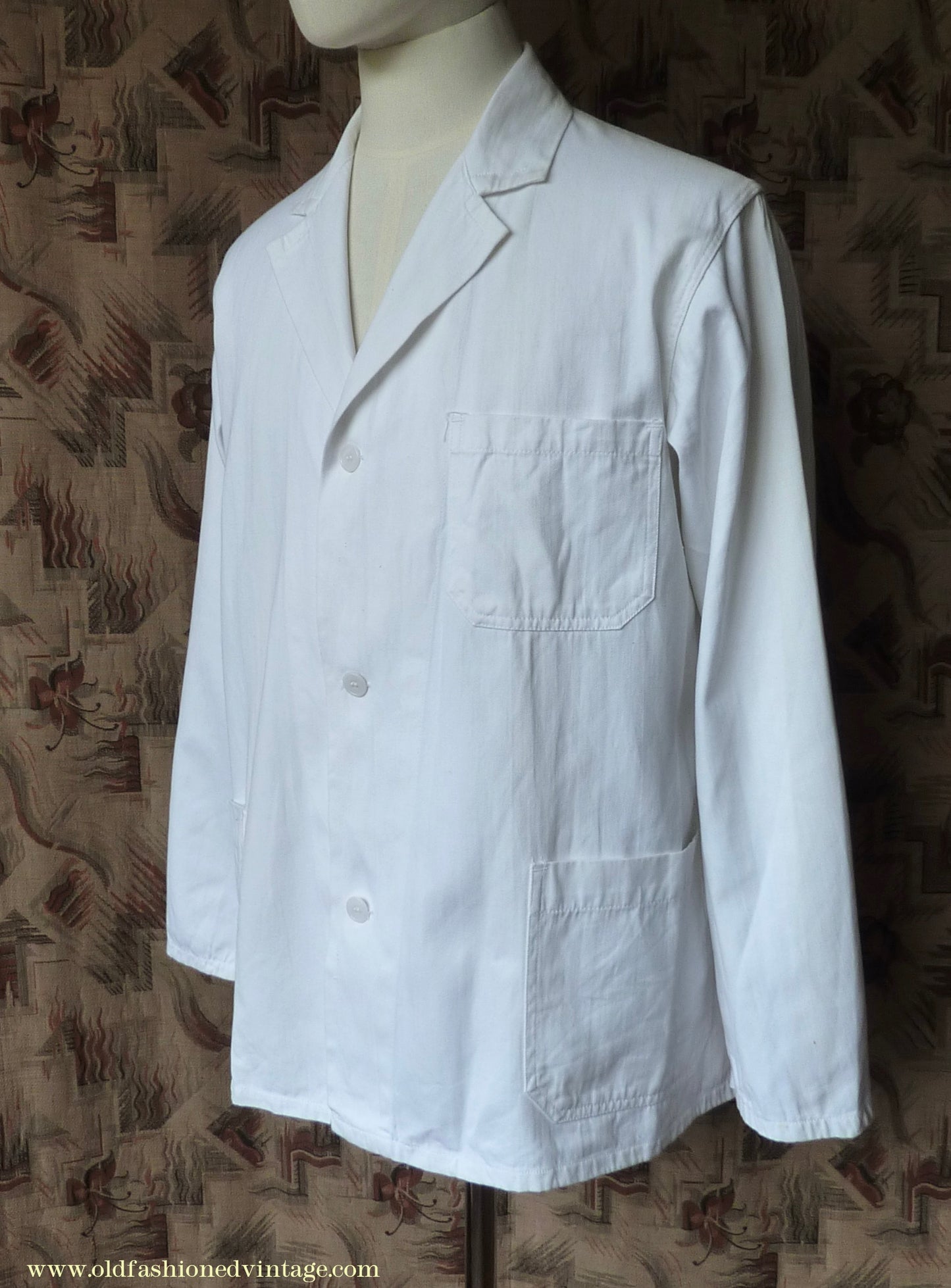 Vintage Mens 1950s NOS French Back Belted Work Jacket White Cotton Drill Workwear Coat 38" 40"