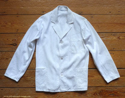 Vintage Mens 1950s NOS French Back Belted Work Jacket White Cotton Drill Workwear Coat 38" 40"