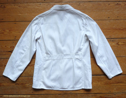 Vintage Mens 1950s NOS French Back Belted Work Jacket White Cotton Drill Workwear Coat 38" 40"