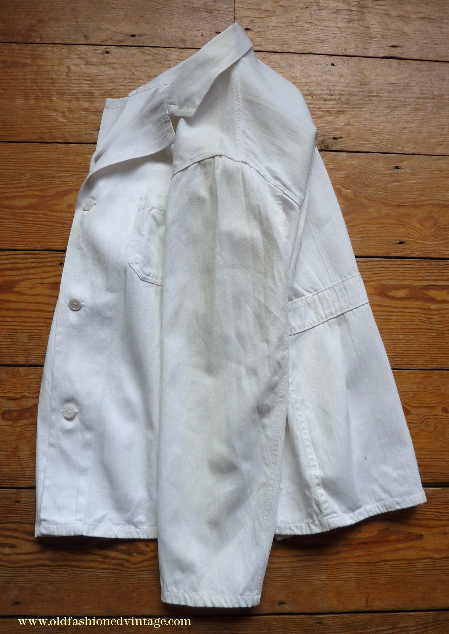 Vintage Mens 1950s NOS French Back Belted Work Jacket White Cotton Drill Workwear Coat 38" 40"