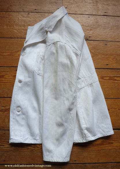 Vintage Mens 1950s NOS French Back Belted Work Jacket White Cotton Drill Workwear Coat 38" 40"