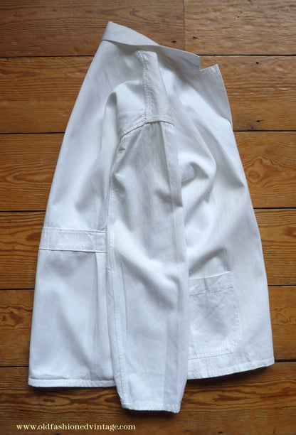 Vintage Mens 1950s NOS French Back Belted Work Jacket White Cotton Drill Workwear Coat 38" 40"