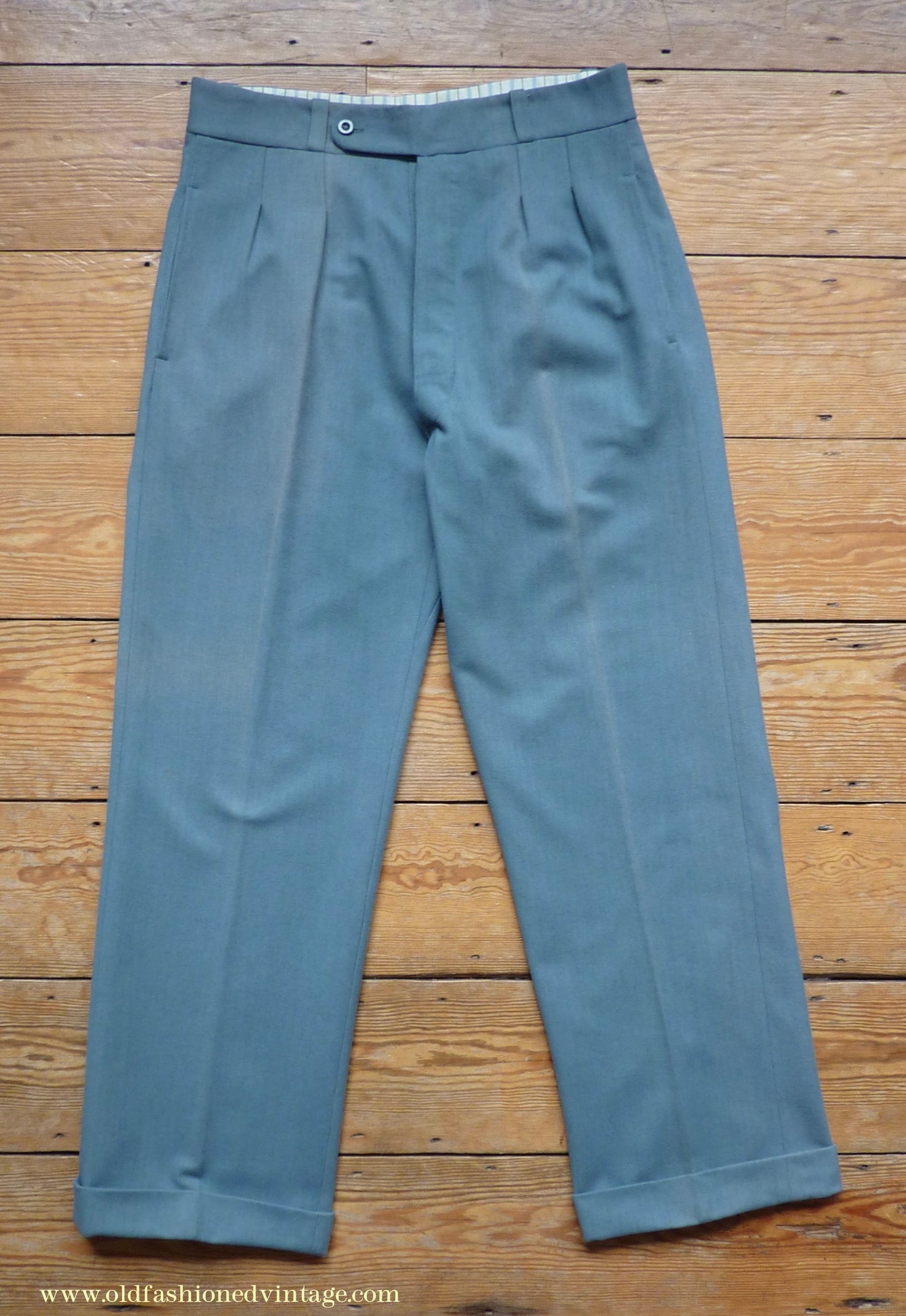 Vintage Mens 1930s 1940s NOS Faded French Trousers Slacks Sea Grey Green Wool Pants 32"