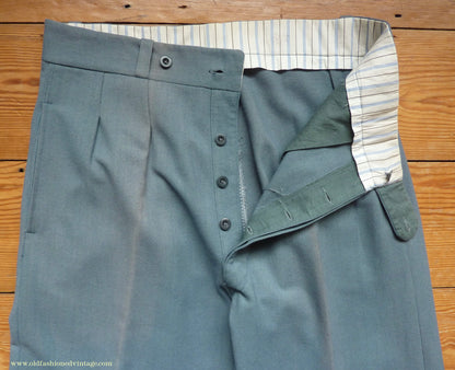 Vintage Mens 1930s 1940s NOS Faded French Trousers Slacks Sea Grey Green Wool Pants 32"