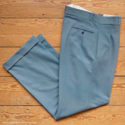 Vintage Mens 1930s 1940s NOS Faded French Trousers Slacks Sea Grey Green Wool Pants 32"