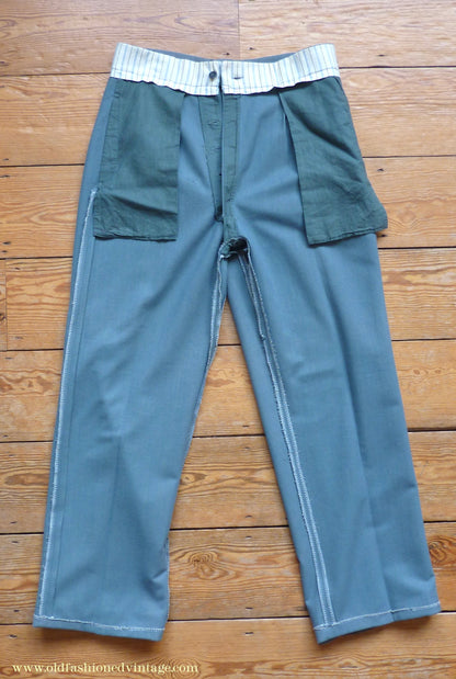 Vintage Mens 1930s 1940s NOS Faded French Trousers Slacks Sea Grey Green Wool Pants 32"