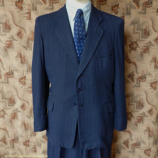 Vintage Mens 1940s European Tailored 2 Piece Suit Dark Blue Pinstripe Rayon Single Breasted 38"