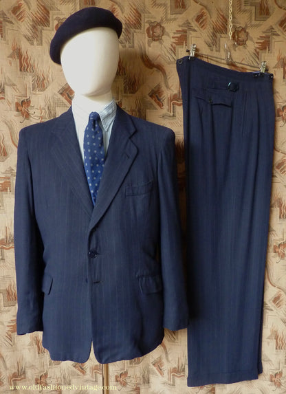 Vintage Mens 1940s European Tailored 2 Piece Suit Dark Blue Pinstripe Rayon Single Breasted 38"
