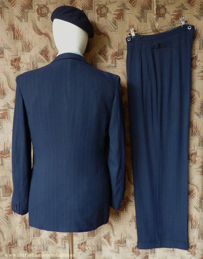 Vintage Mens 1940s European Tailored 2 Piece Suit Dark Blue Pinstripe Rayon Single Breasted 38"