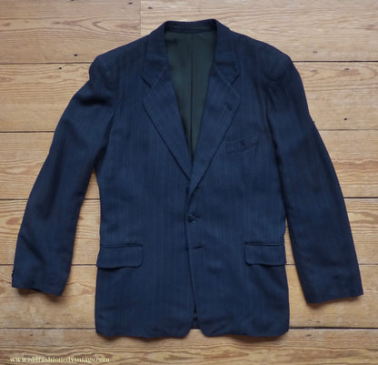 Vintage Mens 1940s European Tailored 2 Piece Suit Dark Blue Pinstripe Rayon Single Breasted 38"