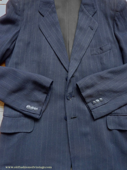 Vintage Mens 1940s European Tailored 2 Piece Suit Dark Blue Pinstripe Rayon Single Breasted 38"