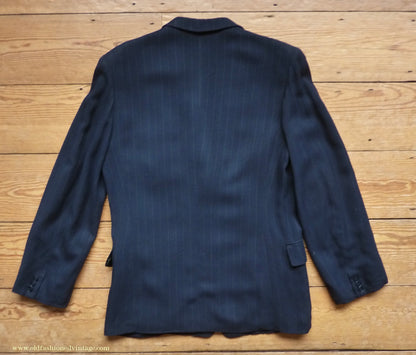 Vintage Mens 1940s European Tailored 2 Piece Suit Dark Blue Pinstripe Rayon Single Breasted 38"