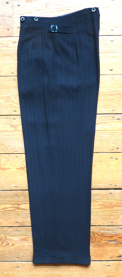 Vintage Mens 1940s European Tailored 2 Piece Suit Dark Blue Pinstripe Rayon Single Breasted 38"