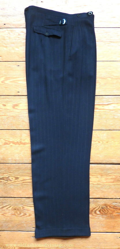 Vintage Mens 1940s European Tailored 2 Piece Suit Dark Blue Pinstripe Rayon Single Breasted 38"