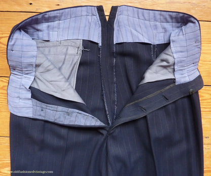 Vintage Mens 1940s European Tailored 2 Piece Suit Dark Blue Pinstripe Rayon Single Breasted 38"