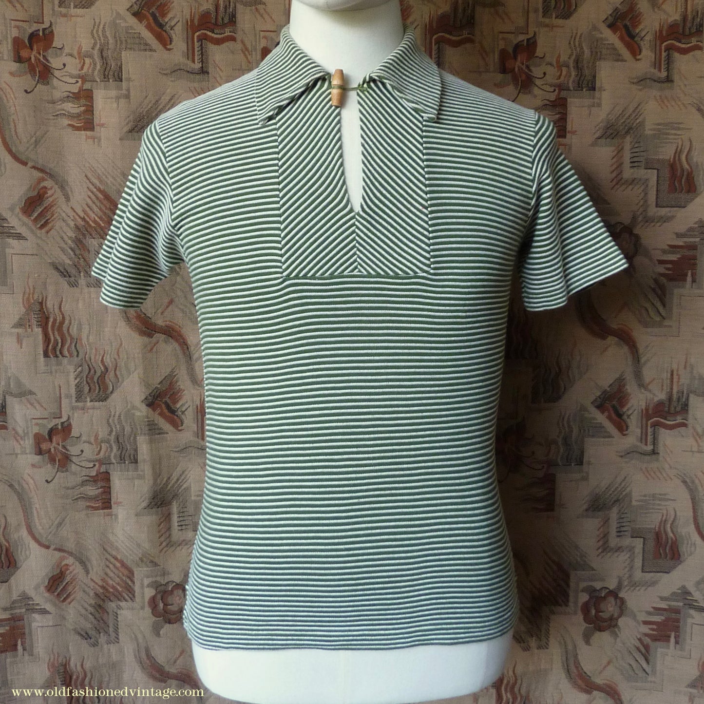 Vintage Mens 1950s "Hyclad" Polo Shirt Cotton Jersey Short Sleeved Summer T Green White Striped 38"