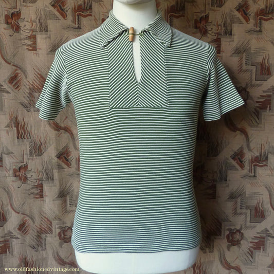Vintage Mens 1950s "Hyclad" Polo Shirt Cotton Jersey Short Sleeved Summer T Green White Striped 38"