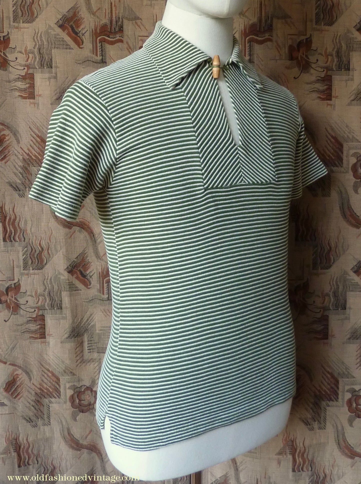 Vintage Mens 1950s "Hyclad" Polo Shirt Cotton Jersey Short Sleeved Summer T Green White Striped 38"