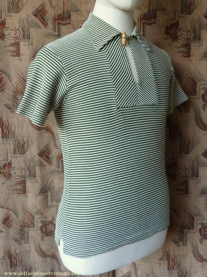 Vintage Mens 1950s "Hyclad" Polo Shirt Cotton Jersey Short Sleeved Summer T Green White Striped 38"